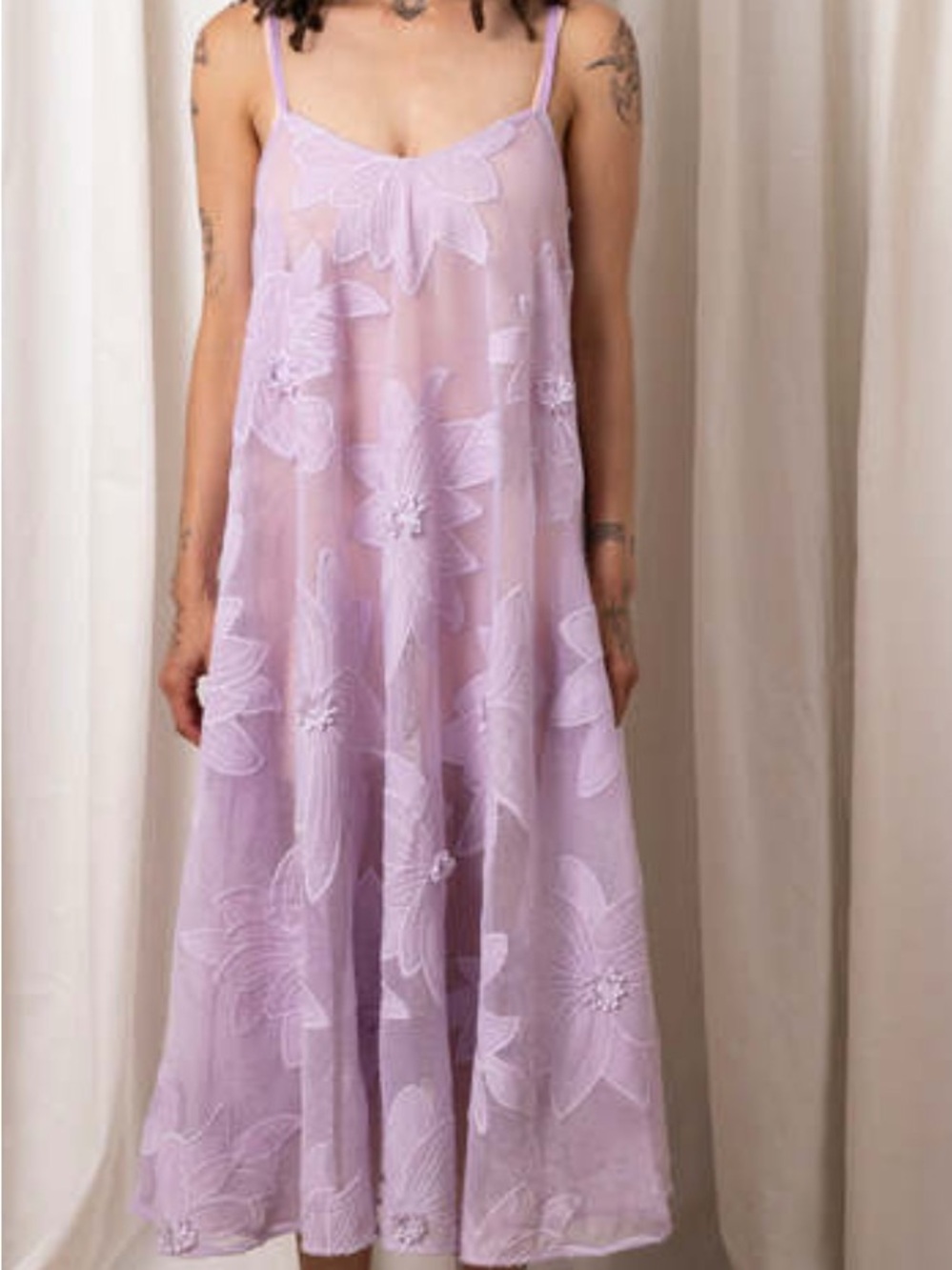Sheer Floral Lace Midi Dress in Lilac - Picture 2 of 4